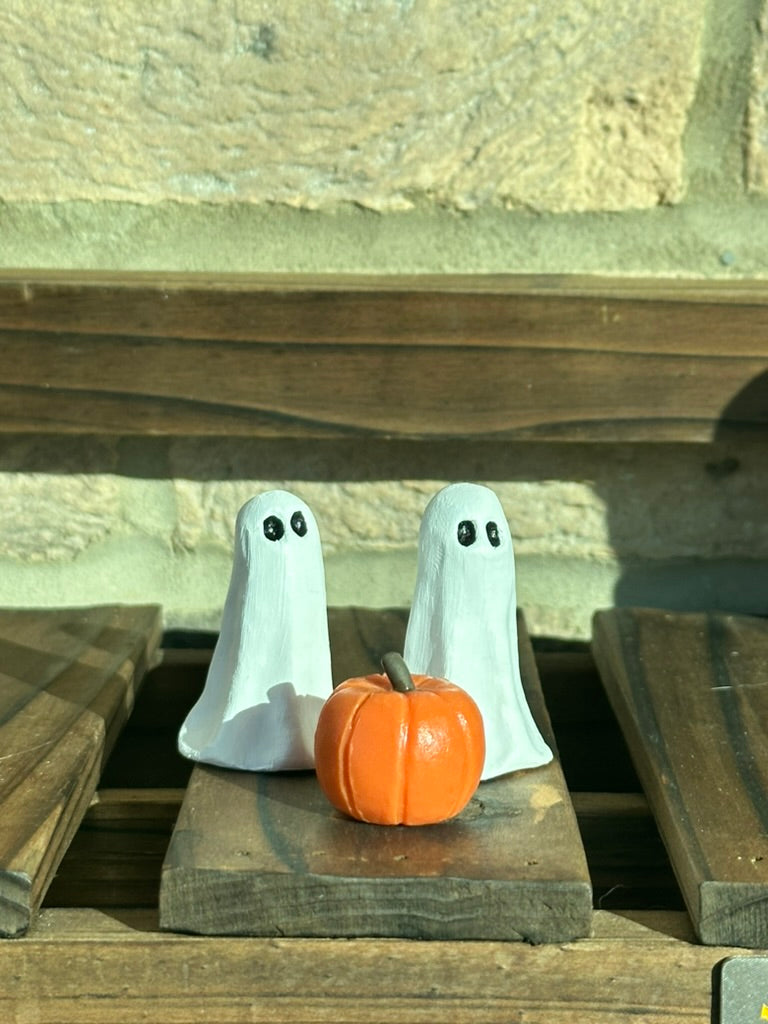 Handmade Clay Ghosts and Pumpkin Set